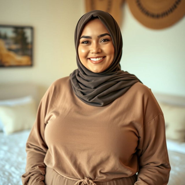 A beautiful woman aged 30 wearing a hijab, showcasing her large and attractive breasts, size 36