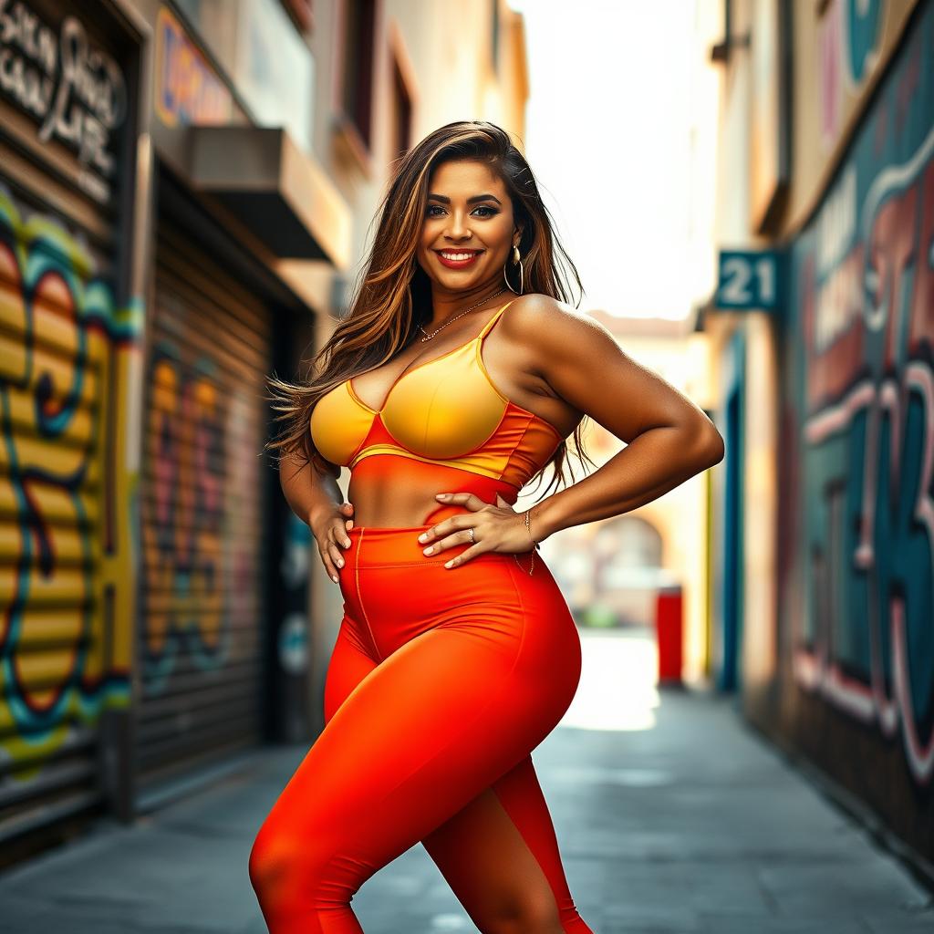 A striking and confident voluptuous woman standing in a playful pose, showcasing her curvy figure in a vibrant, form-fitting outfit that accentuates her body