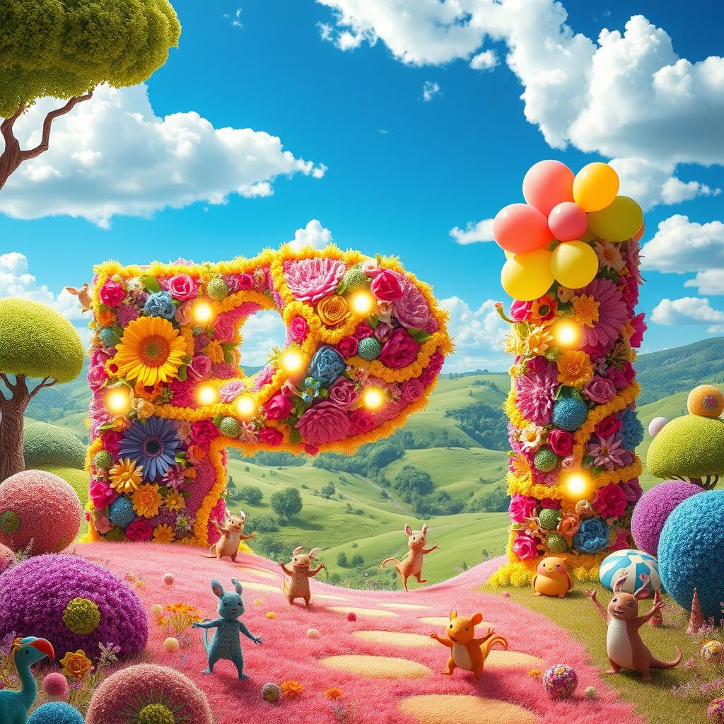 A surreal and colorful landscape featuring a giant letter 'P' made of vibrant materials like flowers, balloons, and light