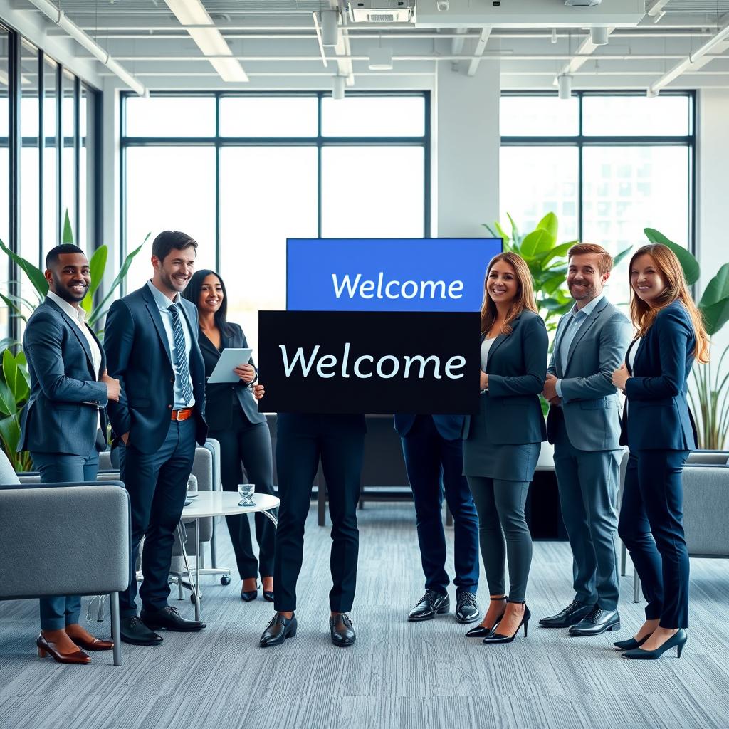 A friendly and professional business greeting scene within a modern office environment