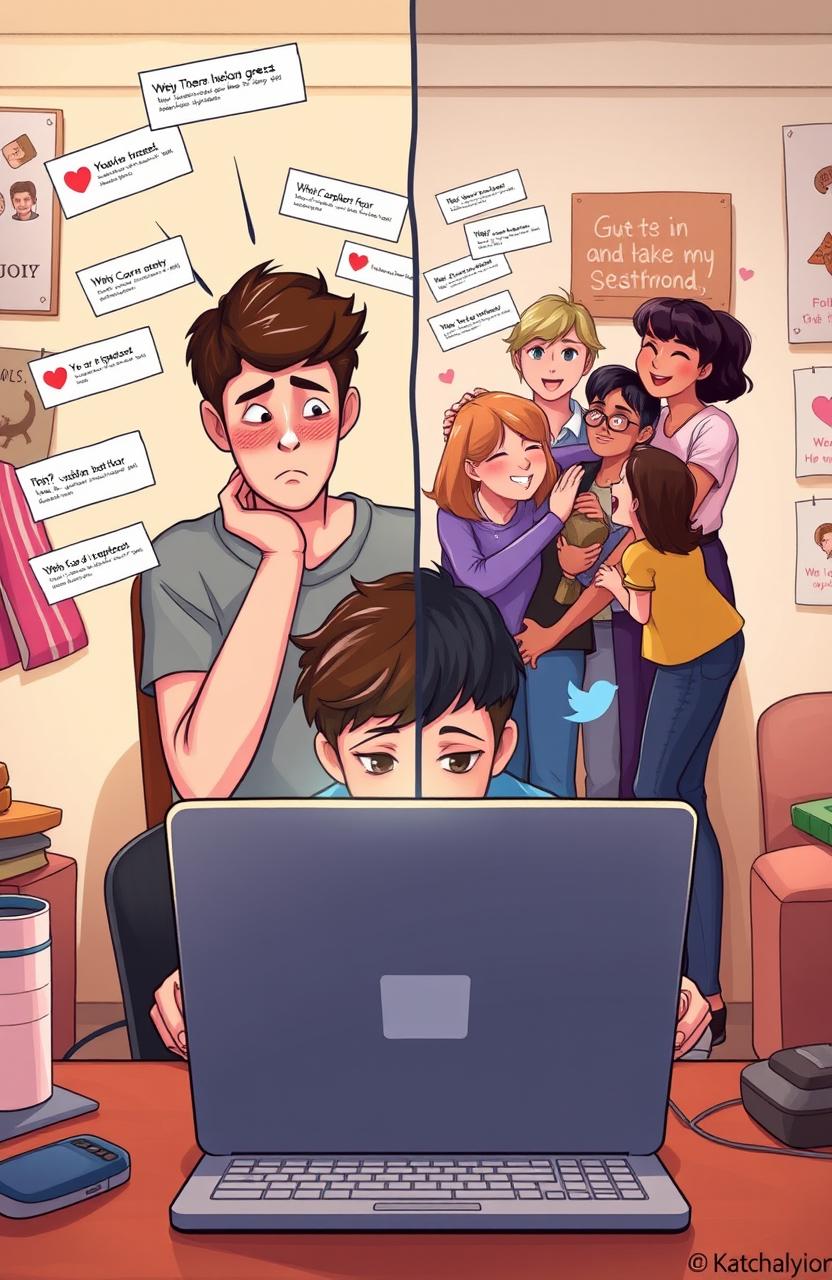 An illustrative scene depicting the concept of cyberbullying, showcasing a split image: on one side, a teenager sitting at a computer with a worried expression, surrounded by negative comments floating around the screen; on the other side, a group of friends supporting each other with kindness, demonstrating unity and positivity