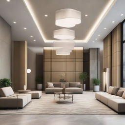 A stunning interior of a modern guest reception, with tasteful decor, sleek minimalist furniture, welcoming light fixtures and a cohesive color scheme.