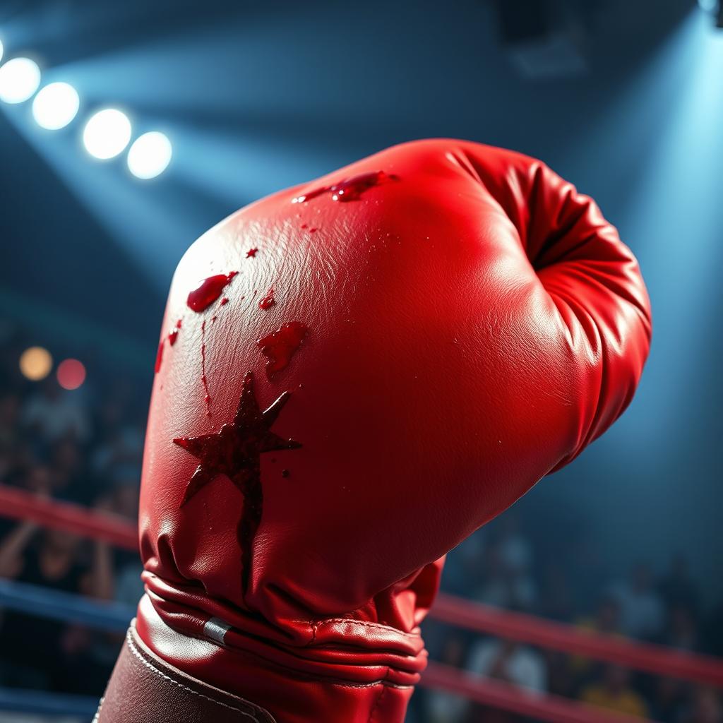A close-up view of a boxing glove stained with fresh blood, capturing the raw intensity of a recent match