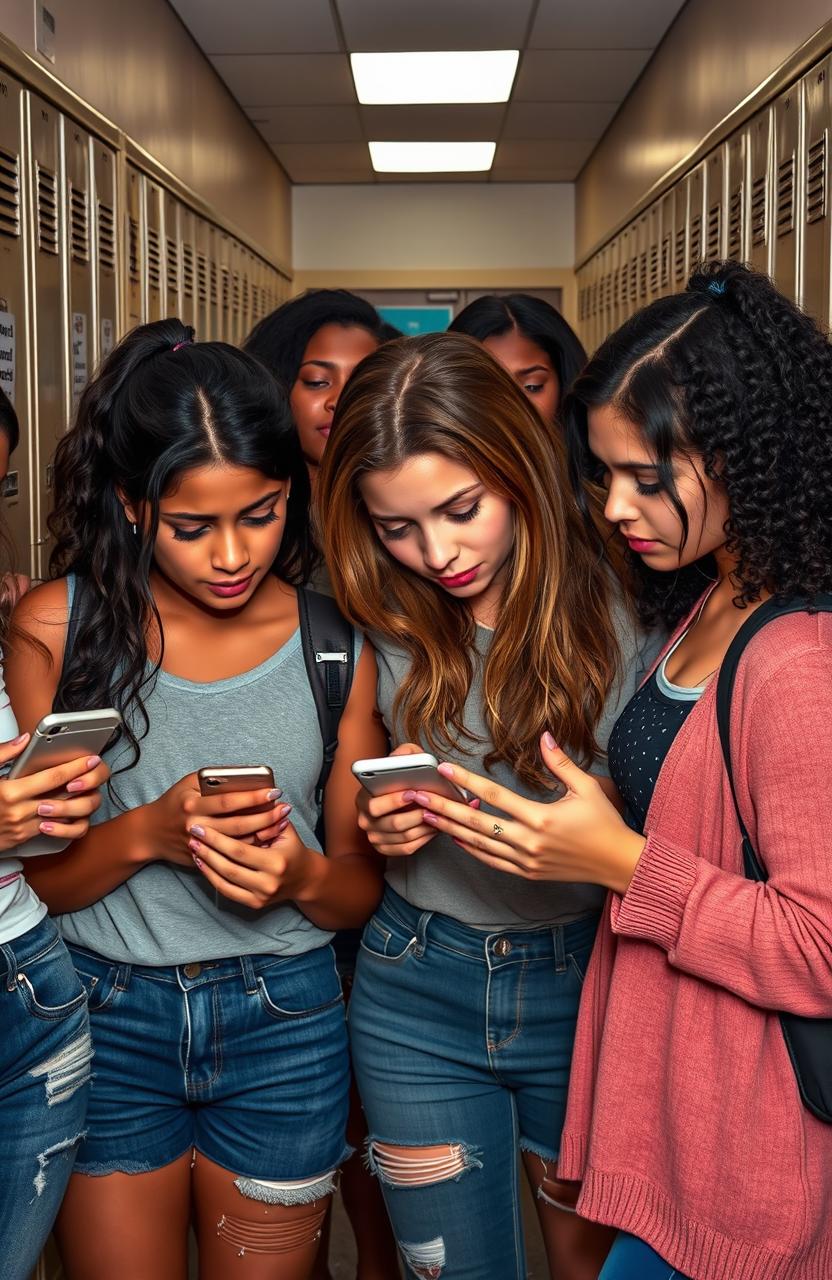 A powerful and emotional scene depicting the impact of cyberbullying on young women, showcasing a group of diverse teenage girls, visibly distressed while looking at their smartphones in a school hallway