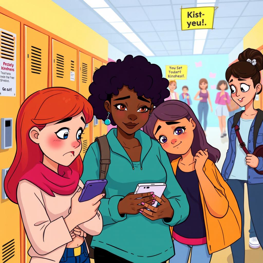 An animated scene illustrating the theme of cyberbullying among young women, featuring a vibrant, colorful art style
