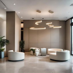 A stunning interior of a modern guest reception, with tasteful decor, sleek minimalist furniture, welcoming light fixtures and a cohesive color scheme.