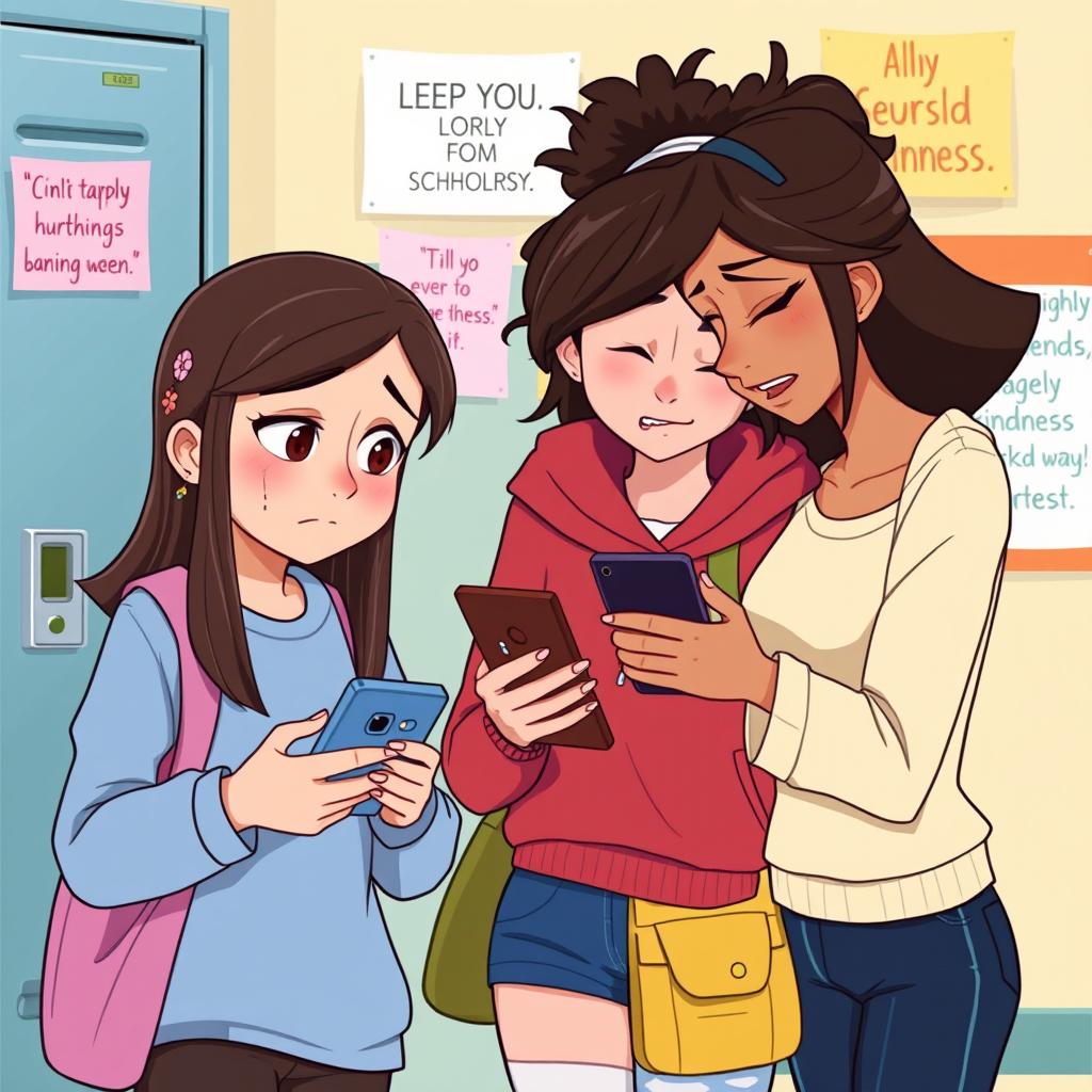 An animated scene illustrating young women suffering from cyberbullying, featuring three diverse teenage girls showing distinct emotions