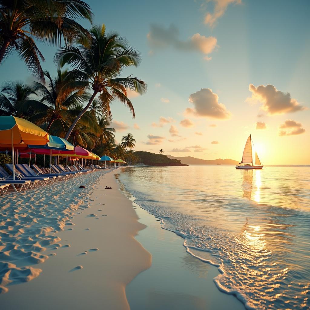 A tranquil seaside scene featuring a pristine beach with soft white sand and gentle waves lapping at the shore