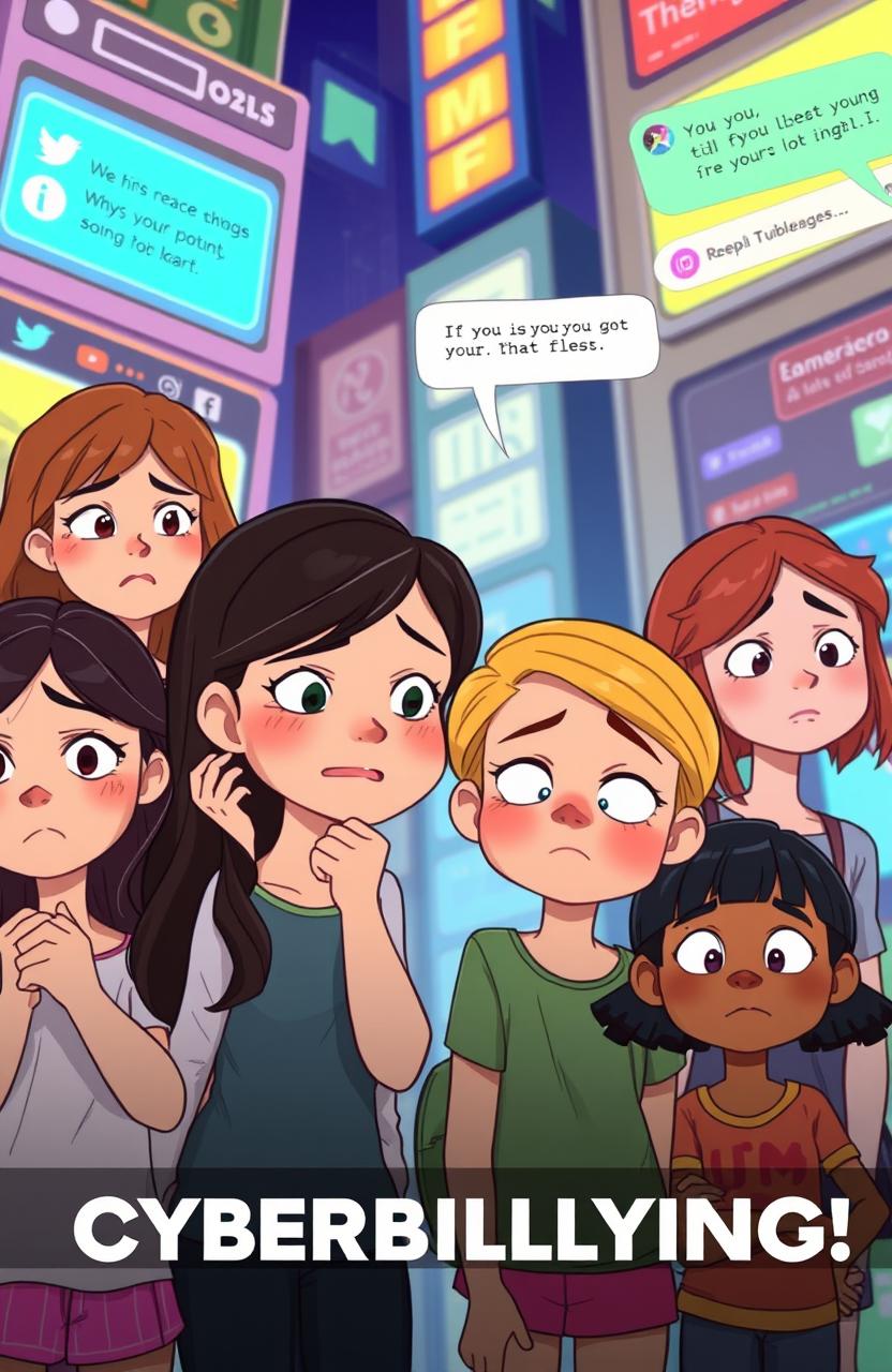 An animated scene depicting girls experiencing cyberbullying, showcasing their emotions and struggles