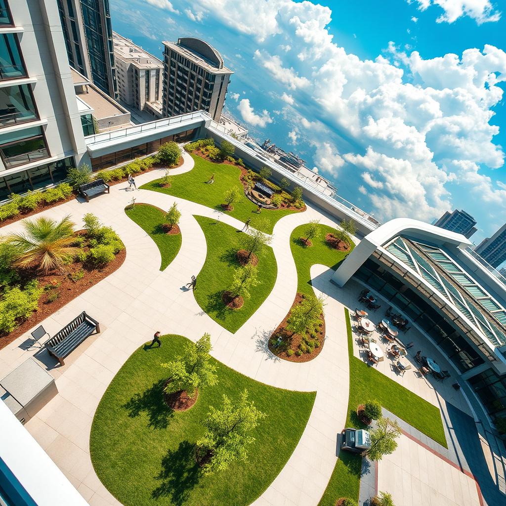 An aerial perspective view of the top of a modern building, showcasing well-designed paths winding through the rooftop