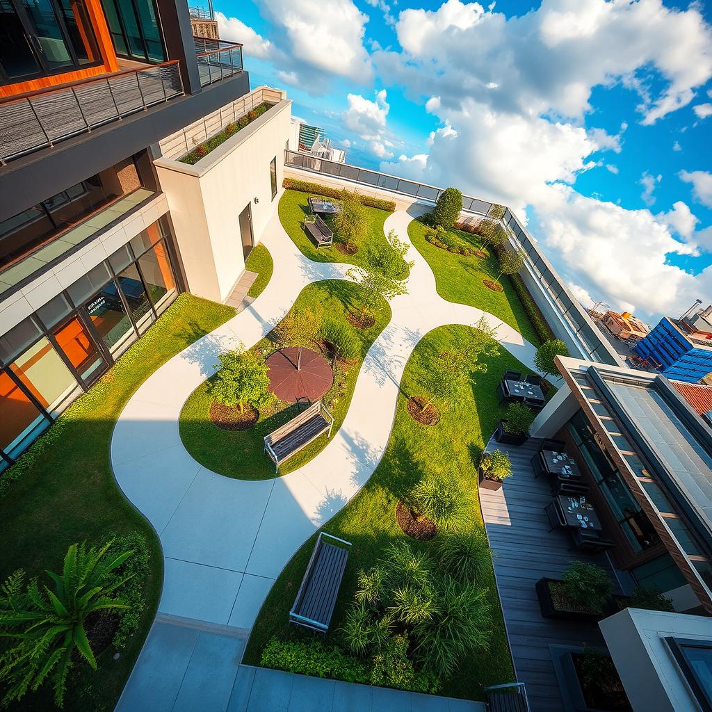 Explore the Rooftop Oasis: Aerial View of Modern Architecture
