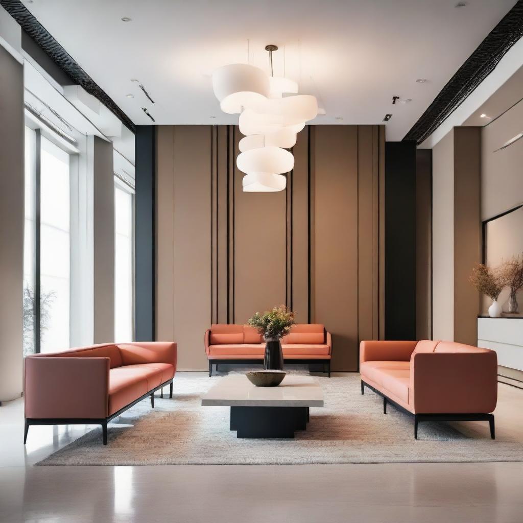 A stunning interior of a modern guest reception, with tasteful decor, sleek minimalist furniture, welcoming light fixtures and a cohesive color scheme.