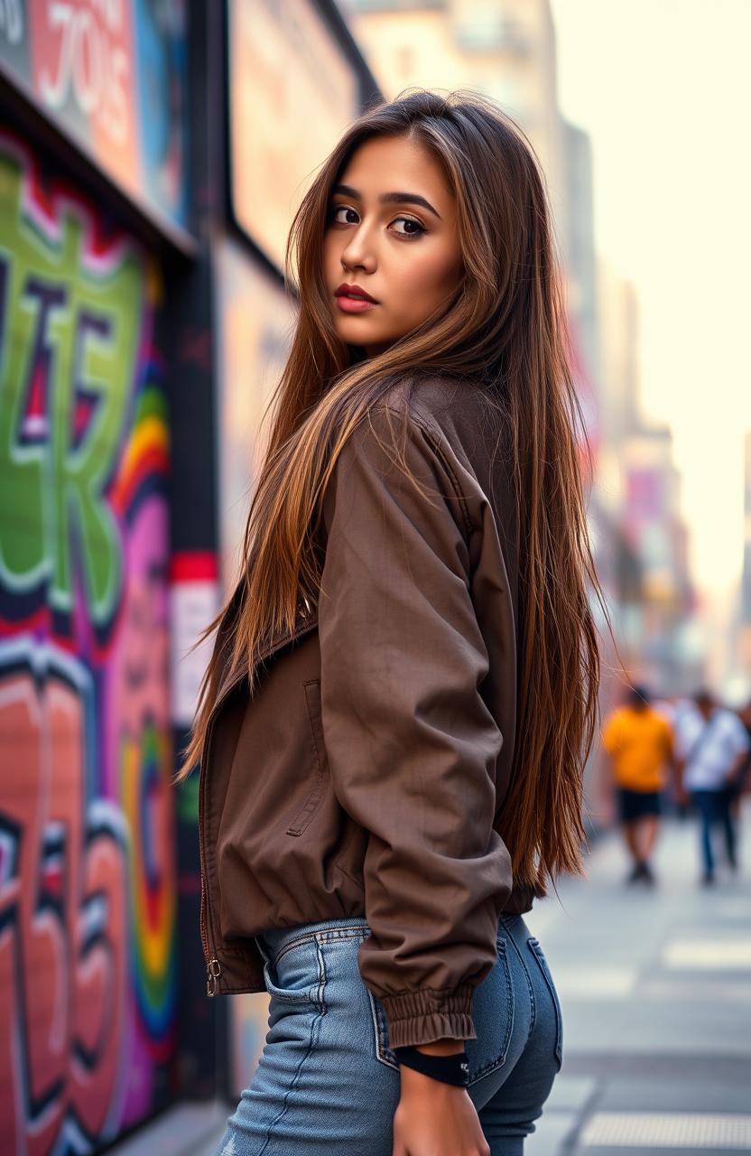 A young woman with long, flowing hair standing confidently, partially turned away from the camera, showcasing her unique fashion style with a modern outfit that includes a stylish jacket and trendy accessories