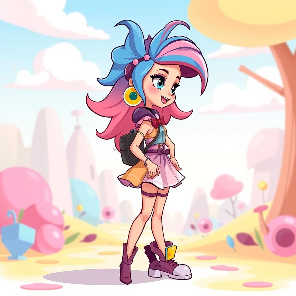 An animated young woman character with a playful and vibrant design, depicted in a profile view as if standing confidently