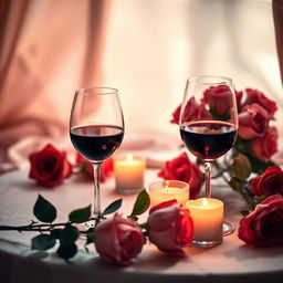 A creatively artistic representation of a sensual moment, depicting a close-up of a beautifully arranged table with roses and candles in a soft lit ambiance