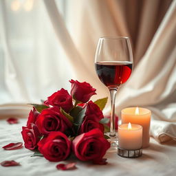 A creatively artistic representation of a sensual moment, depicting a close-up of a beautifully arranged table with roses and candles in a soft lit ambiance