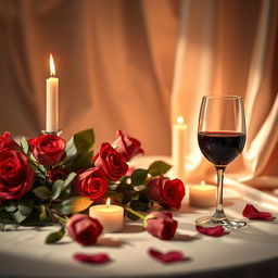 A creatively artistic representation of a sensual moment, depicting a close-up of a beautifully arranged table with roses and candles in a soft lit ambiance