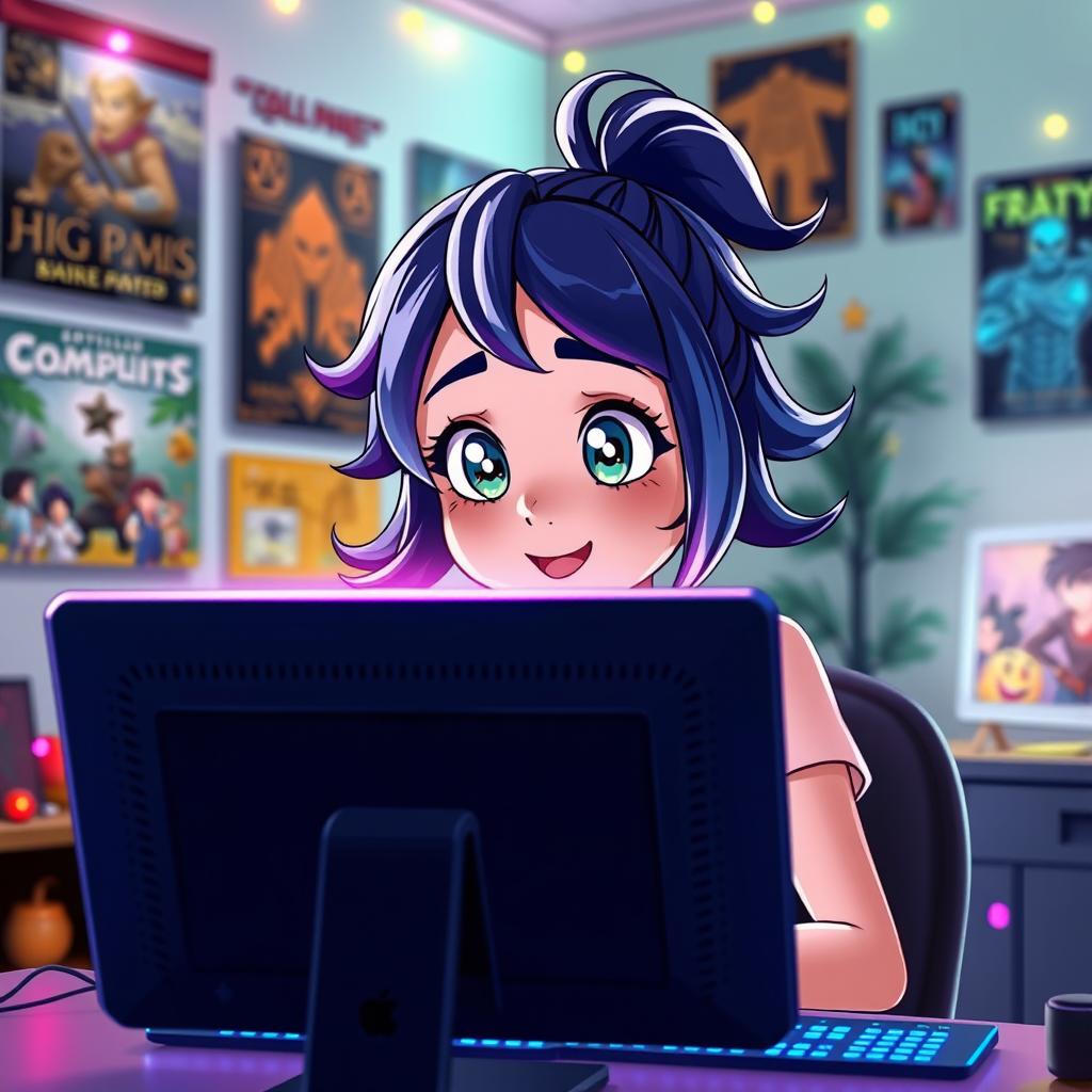 An animated young woman sitting behind a large computer screen, only her upper body visible