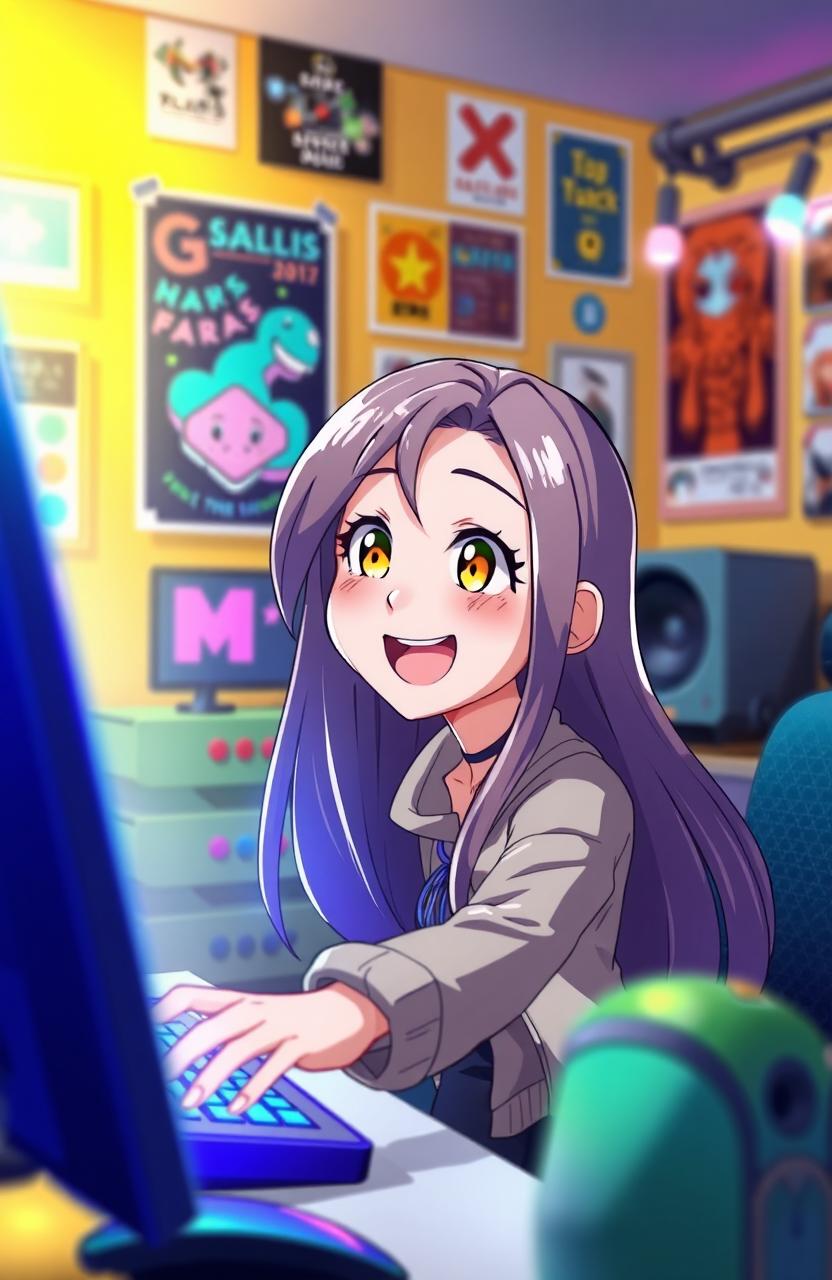 A vibrant and colorful scene depicting a girl animatedly interacting with a computer screen