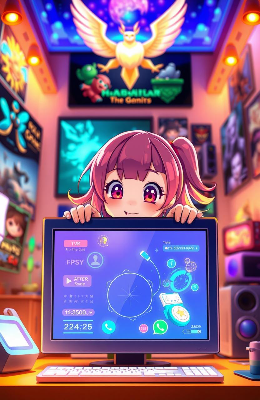 Playful Digital Vibe: Animated Girl Behind Computer Screen