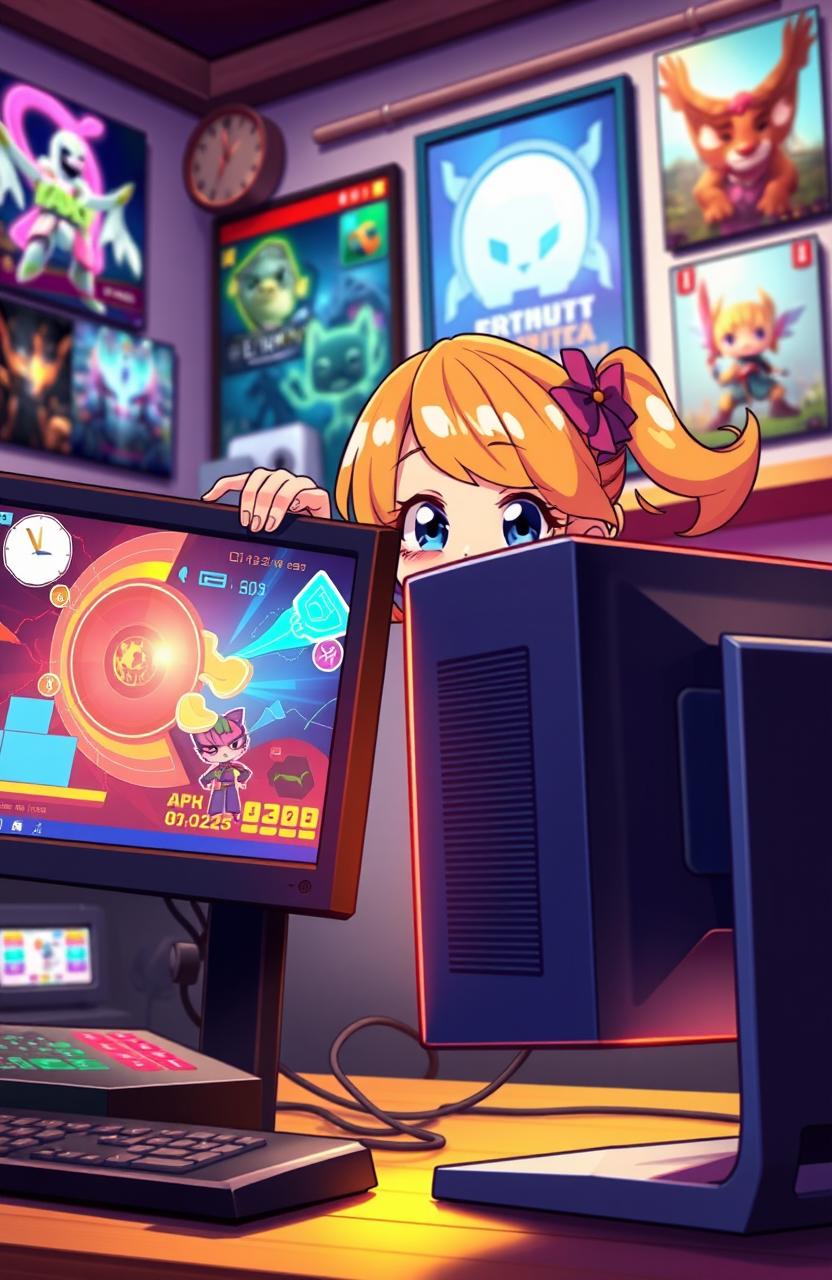 A vibrant and dynamic digital artwork featuring an animated girl playfully sitting behind a large computer screen
