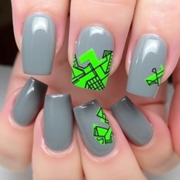 Short square nails in a sleek gray color, designed with vibrant green accents