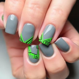 Short square nails in a sleek gray color, designed with vibrant green accents