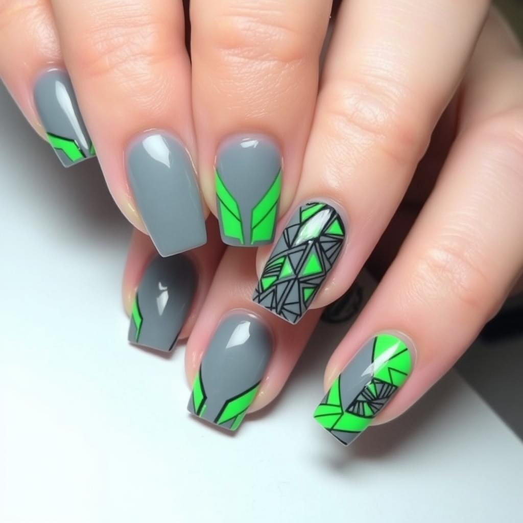 Short square nails in a sleek gray color, designed with vibrant green accents
