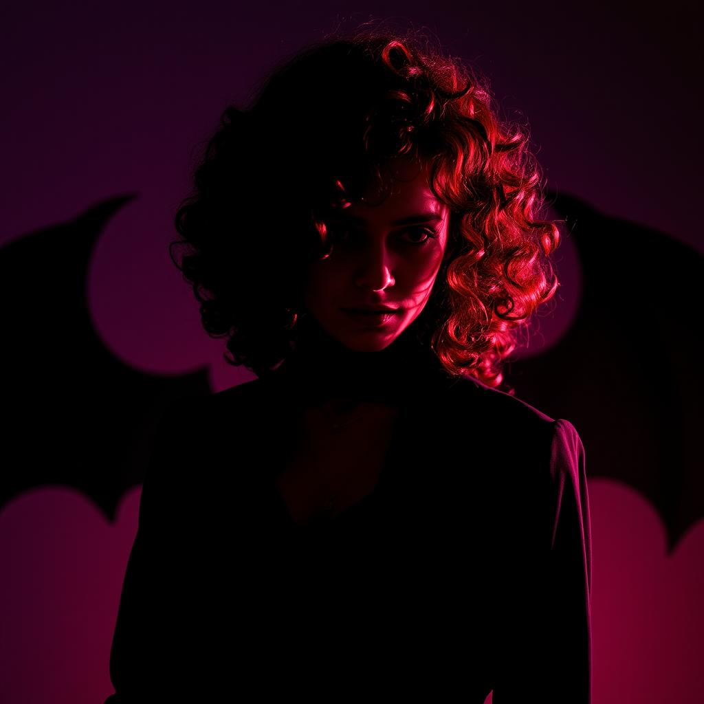 A mysterious girl with rich brown curly hair featuring striking red tips, dressed entirely in an elegant black outfit that enhances her enigmatic aura