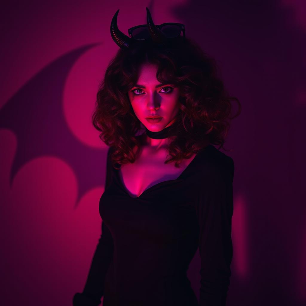 A mysterious girl with flowing brown curly hair that has striking red tips, dressed in an elegant, all-black outfit that enhances her enigmatic presence