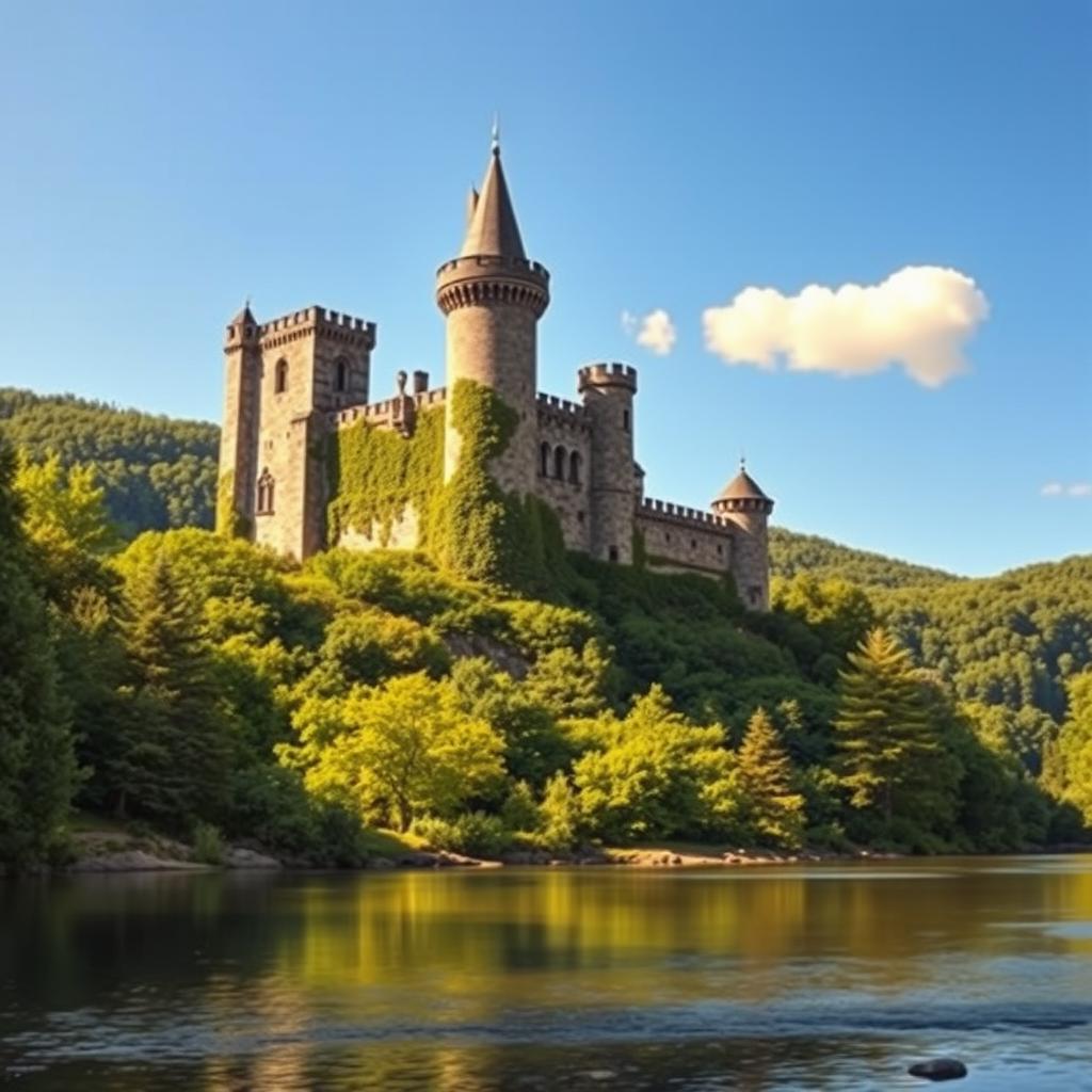 A majestic old castle standing on a hilltop, surrounded by lush green forests and a clear blue sky