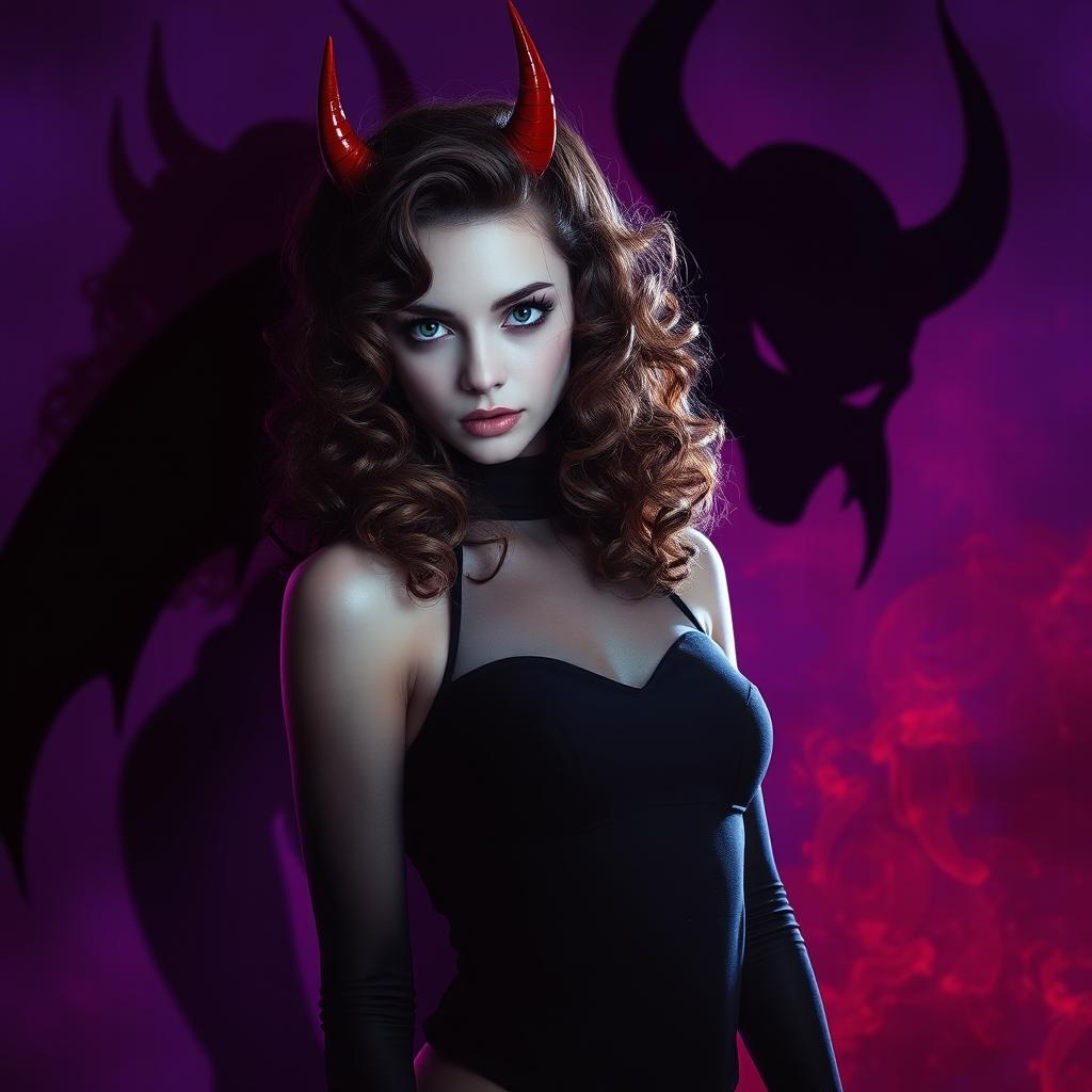 A mysterious girl with luxurious brown curly hair adorned with striking red tips, elegantly dressed in a sleek black outfit that accentuates her enigmatic character