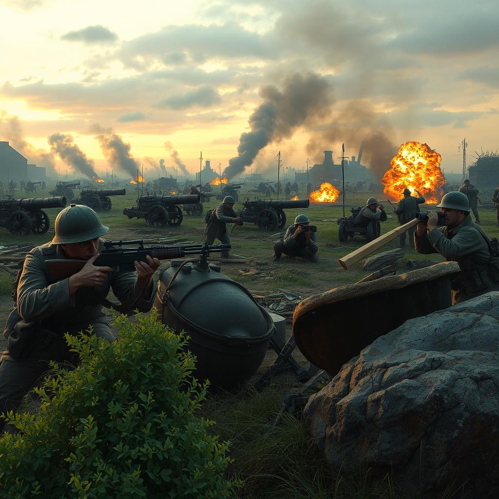 A chaotic battlefield scene depicting an old war, with soldiers in vintage uniforms engaged in intense combat