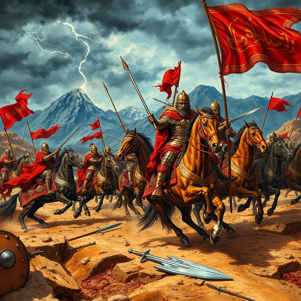 A dramatic scene depicting an ancient battle from the Shahnameh, featuring Persian warriors adorned in ornate armor, riding powerful horses across a rugged battlefield