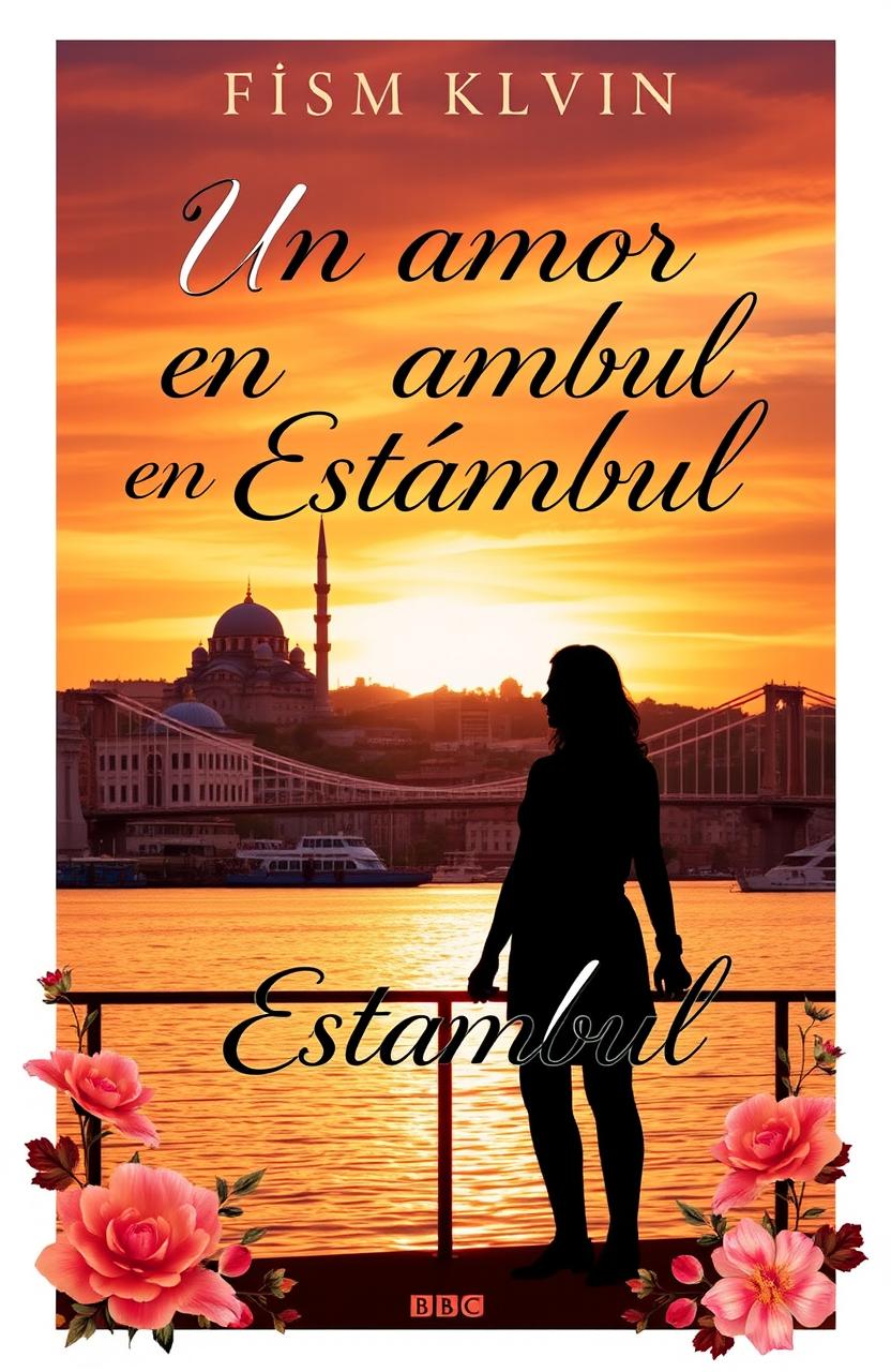 A romantic book cover for "Un amor en Estambul" depicting a sunset view of the Bosphorus Bridge in Istanbul, with silhouettes of a couple holding hands, gazing at the city skyline