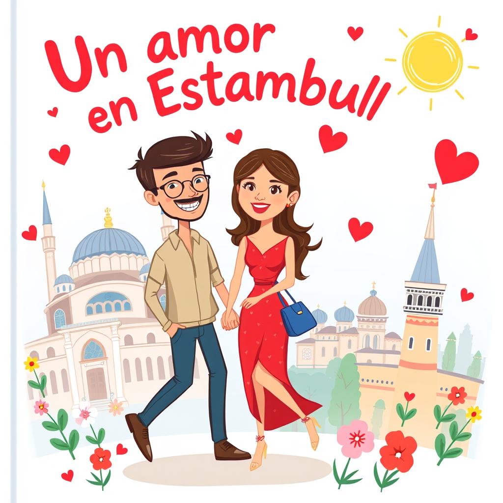 A cartoon-style book cover for "Un amor en Estambul" featuring playful, colorful illustrations of a romantic couple exploring Istanbul