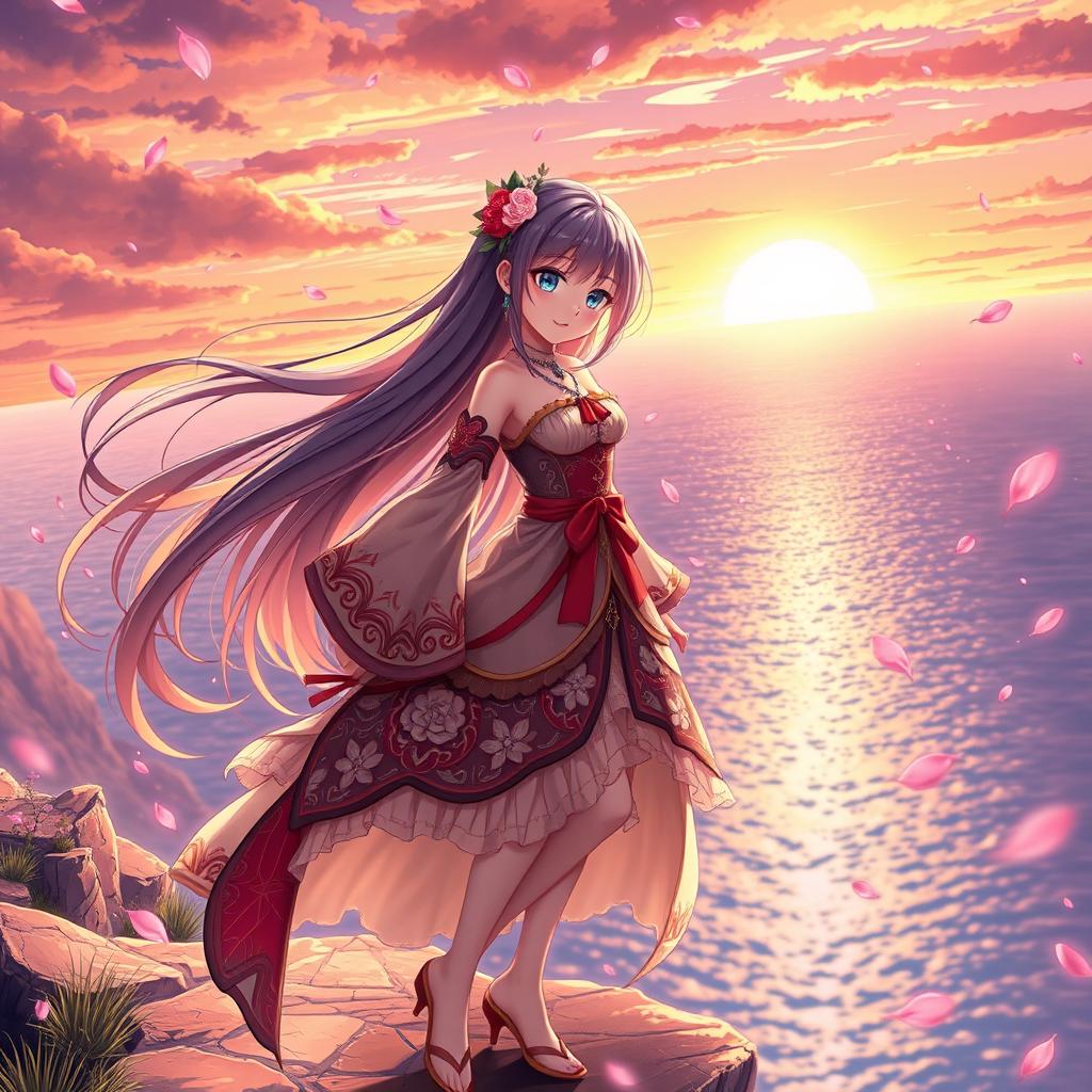 a stunning 3D anime-style illustration of a young woman with flowing long hair, wearing a colorful, intricately designed dress, standing on a cliff overlooking a shimmering ocean at sunset, vibrant colors, expressive facial features, dynamic pose, magical sparkle effects, surrounded by floating cherry blossom petals, the sky filled with hues of orange, pink, and purple