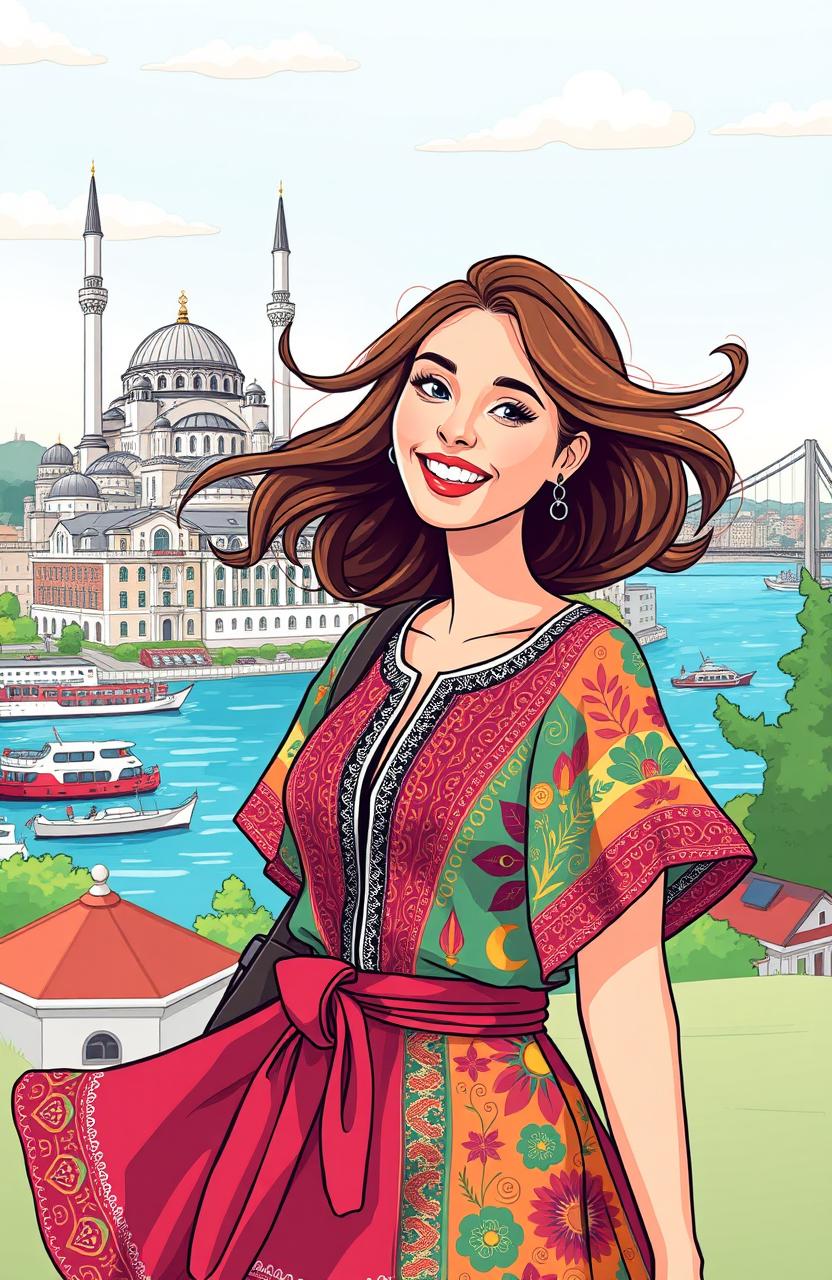 A vibrant cartoon illustration of a young woman embracing her new life in Istanbul