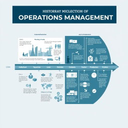 A detailed diagram illustrating the historical evolution of operations management, showcasing key milestones and developments from the early manufacturing processes to modern day practices