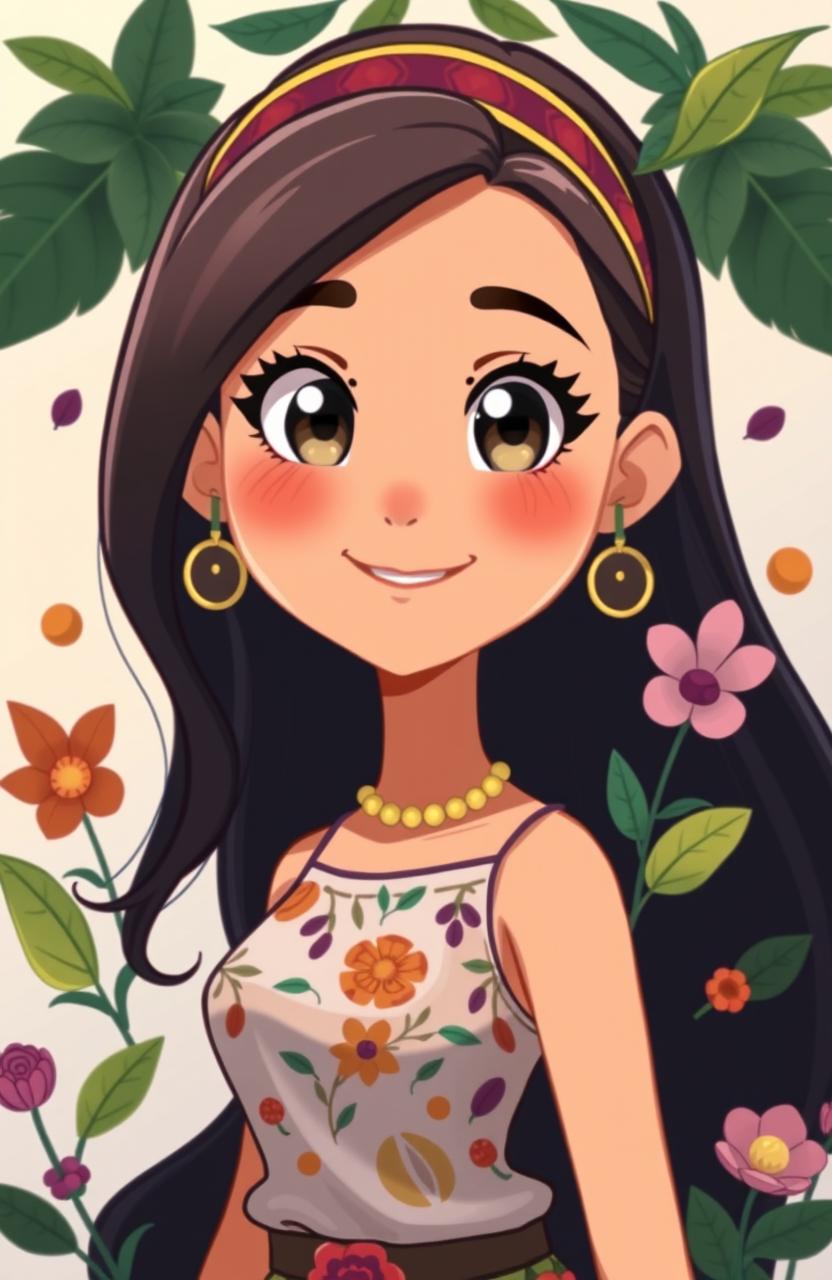 An animated profile of a Colombian girl with clear, bright eyes, characterized by her long, flowing dark hair and warm smile