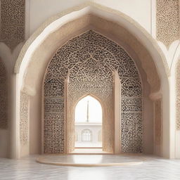 A stand with a modular structure resembling an Islamic arch, featuring graceful curves and intricate patterns. Its design, reminiscent of traditional Islamic architecture, provides a harmonious blend of cultural aesthetics and modern functionality.