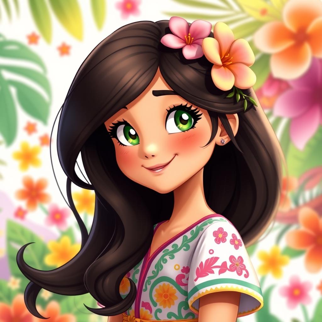 An animated profile picture of a Colombian girl with captivating green eyes, radiating warmth and charm
