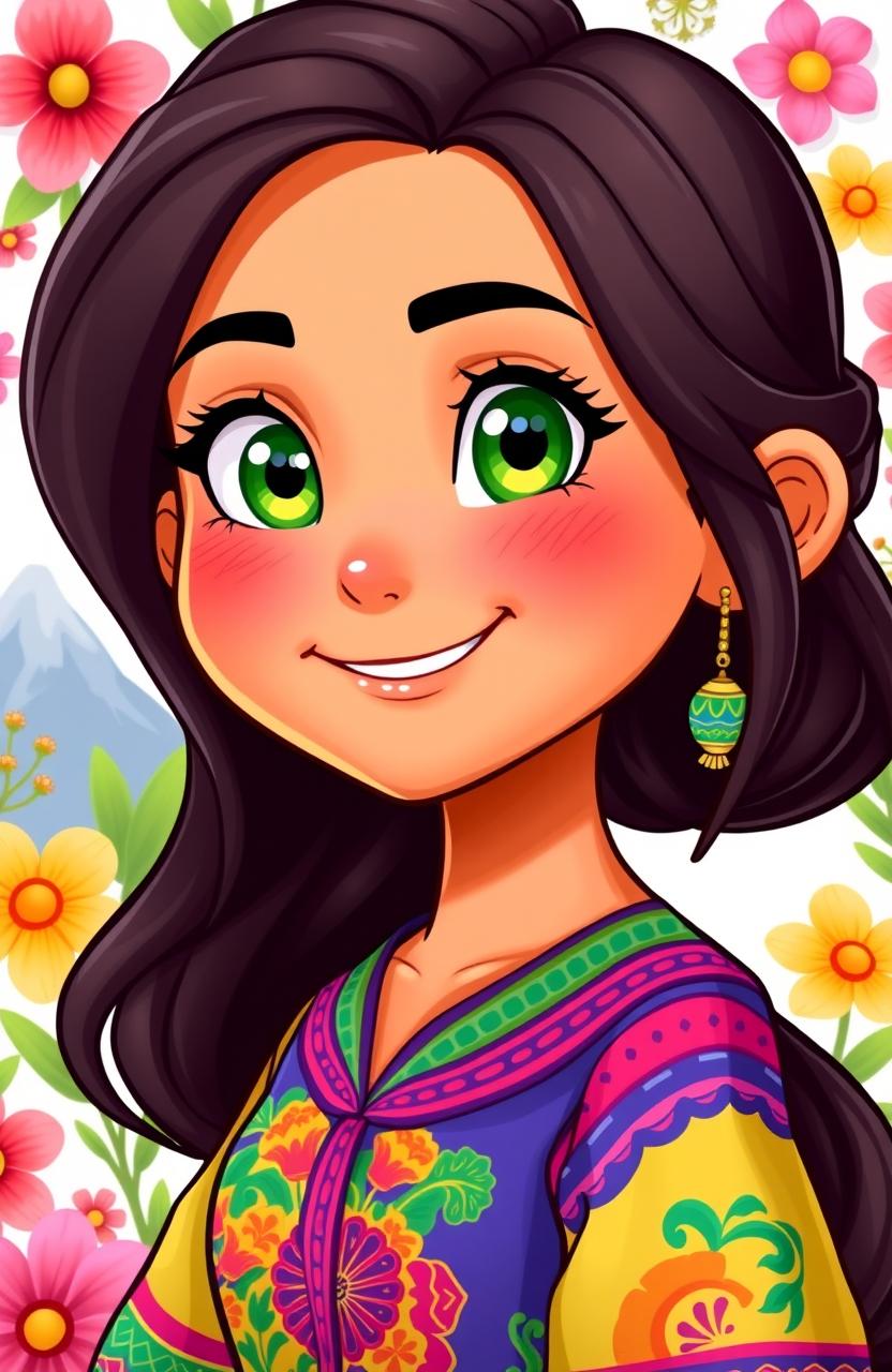 A vibrant animated profile picture of a Colombian girl with striking green eyes