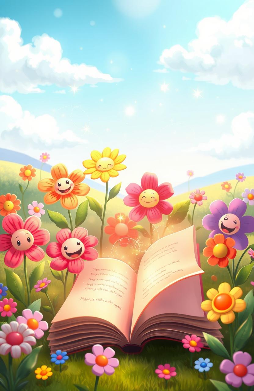 A whimsical and colorful scene featuring animated flowers and books