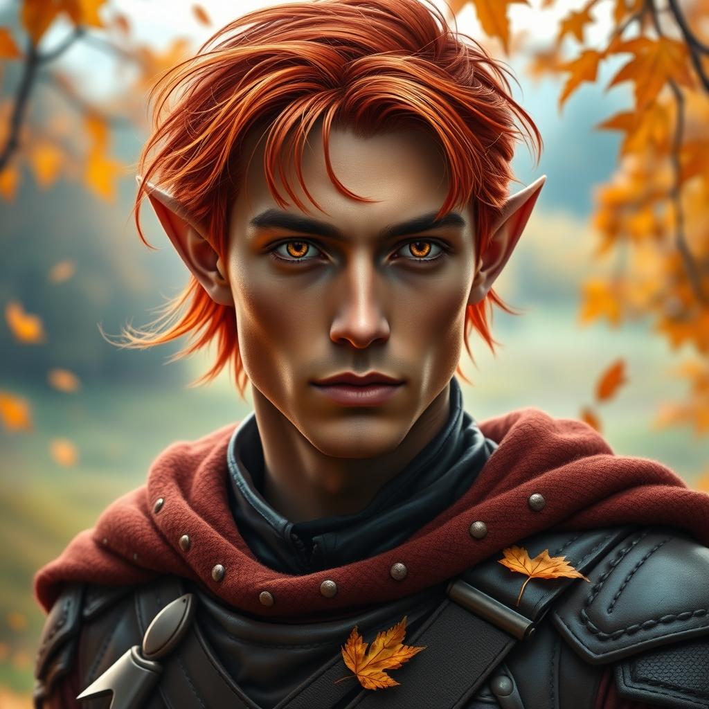 A captivating male autumn elf in his late 30s, featuring elegantly pointed ears and bright orange eyes that radiate wisdom and allure