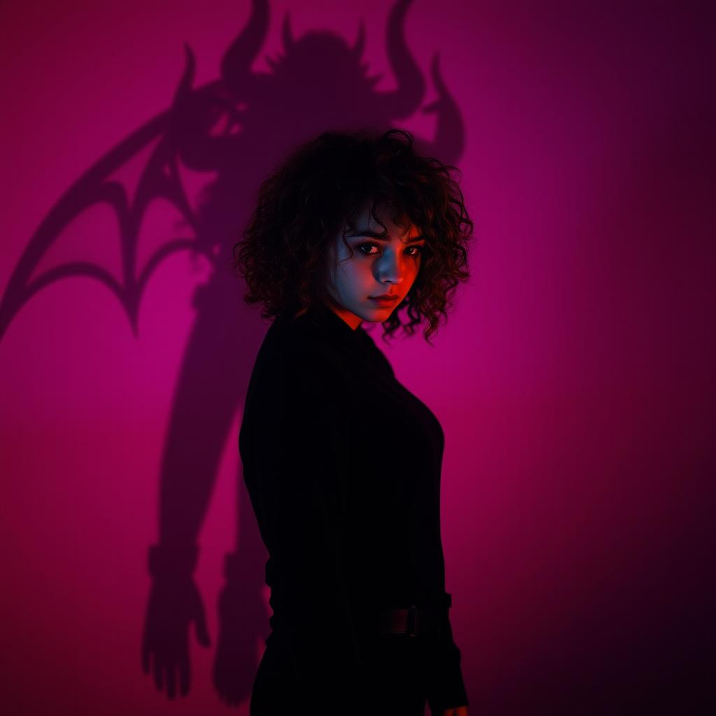 A mysterious girl characterized by her enchanting brown curly hair with vibrant red tips, clad in an all-black outfit that adds an air of intrigue to her presence