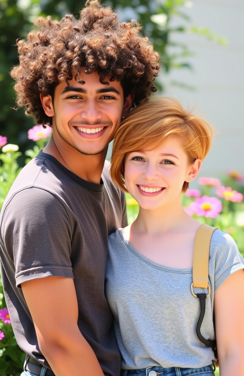 A scene featuring a girl and a guy standing close together