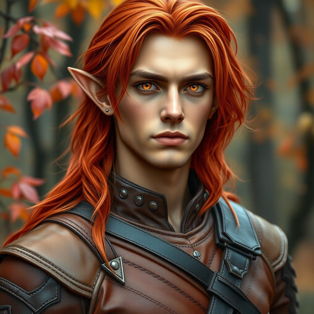 A captivating male autumn elf in his late 30s, featuring elegantly pointed ears and vibrant orange eyes that radiate a mystical allure