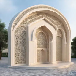 A stand with a modular structure resembling an Islamic arch, featuring graceful curves and intricate patterns. Its design, reminiscent of traditional Islamic architecture, provides a harmonious blend of cultural aesthetics and modern functionality.