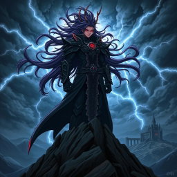 An imposing anime villain standing atop a desolate mountain peak, dressed in a dark, intricately designed armor with sharp edges and ominous symbols
